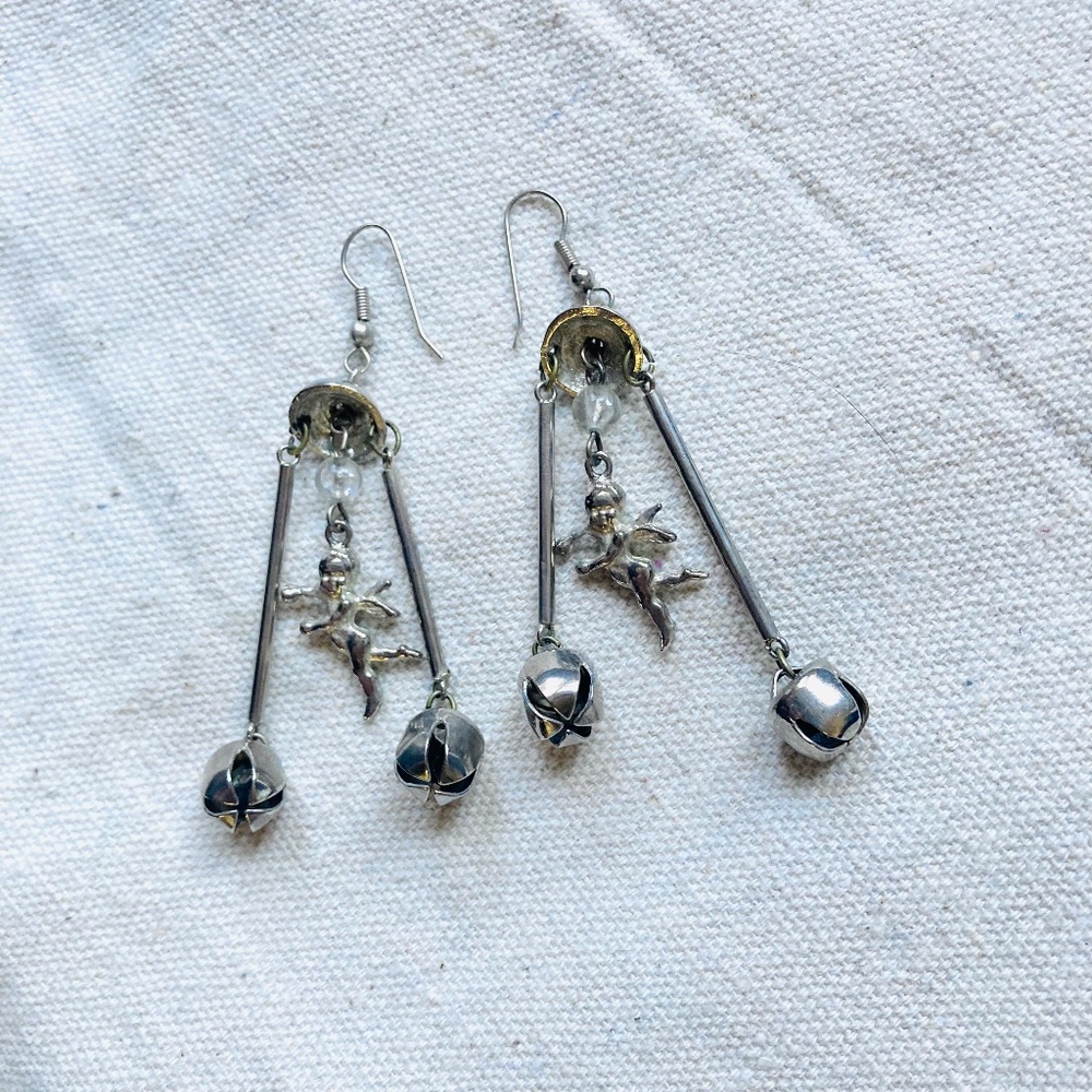 Vintage Cherubs Bells Dangle Silver Tone Statement Earrings Baroque Angels 3”